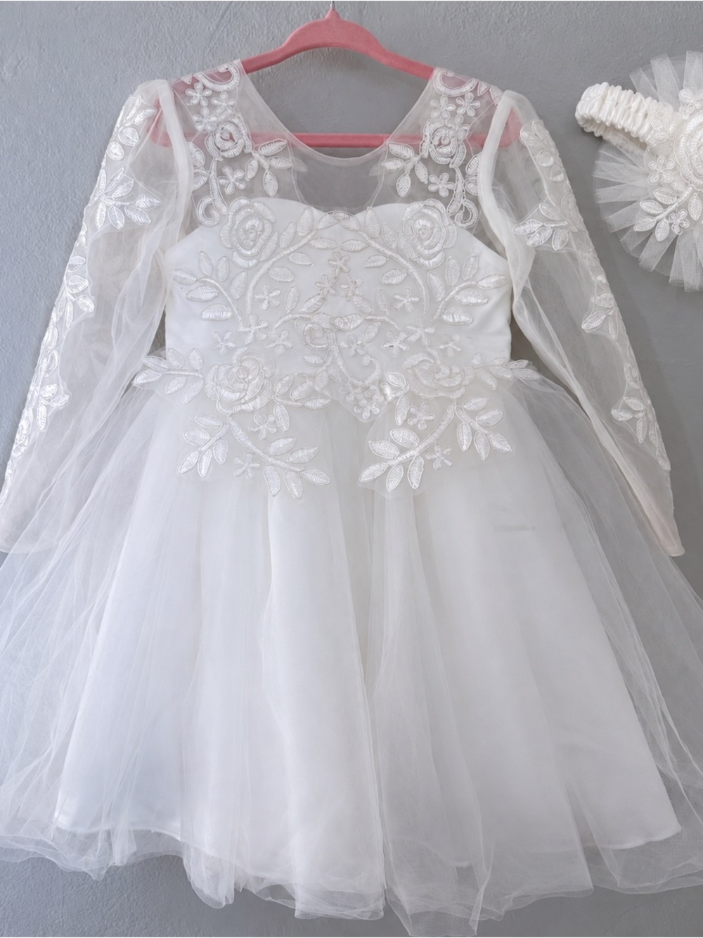 White Baby Girl Baptism Dress with Matching Headband – Size 18–24 Months